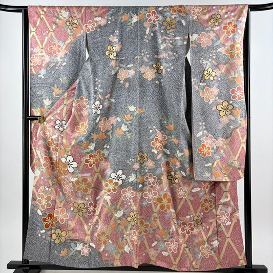 振袖禮服 身長156cm 袖長64.5cm M 雙層 梅花 橘 金絲 金銀彩 紅 純蠶絲 秀品級
