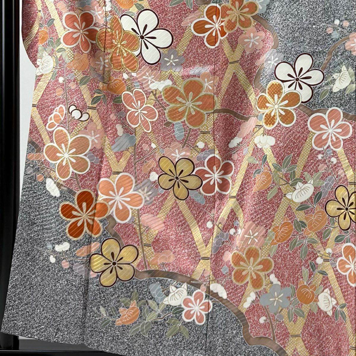 振袖禮服 身長156cm 袖長64.5cm M 雙層 梅花 橘 金絲 金銀彩 紅 純蠶絲 秀品級