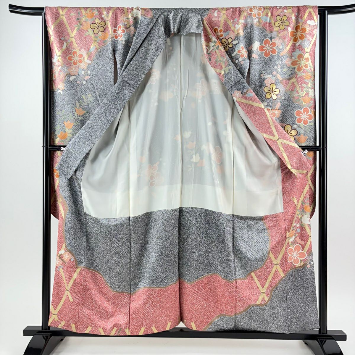 振袖禮服 身長156cm 袖長64.5cm M 雙層 梅花 橘 金絲 金銀彩 紅 純蠶絲 秀品級