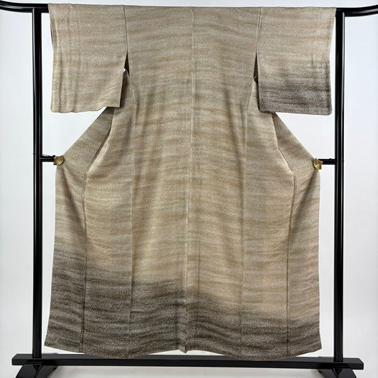 【美品】 付下 身長156cm 袖長61.5cm S 雙層 地紋 霞 漸層 灰茶 純蠶絲 優品級