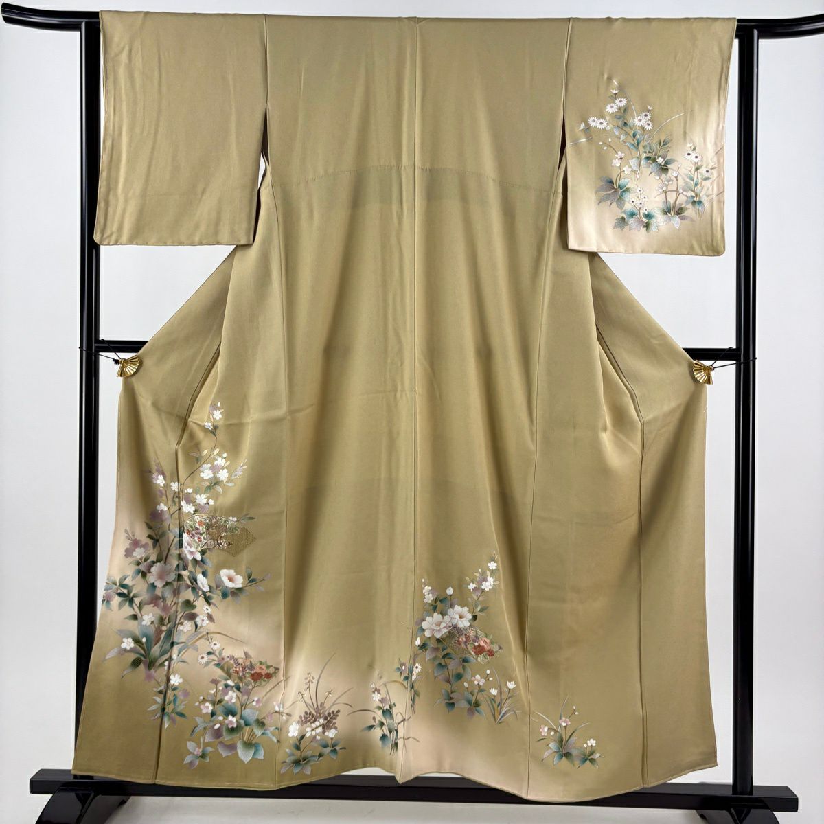 【美品】訪問服 身長157cm 袖長63cm S 雙層 枝花 扇子面 刺繡 金糸 茶綠 純蠶絲 秀品級
