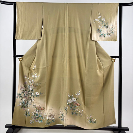 【美品】訪問服 身長157cm 袖長63cm S 雙層 枝花 扇子面 刺繡 金糸 茶綠 純蠶絲 秀品級