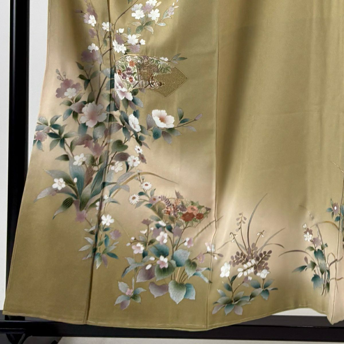 【美品】訪問服 身長157cm 袖長63cm S 雙層 枝花 扇子面 刺繡 金糸 茶綠 純蠶絲 秀品級