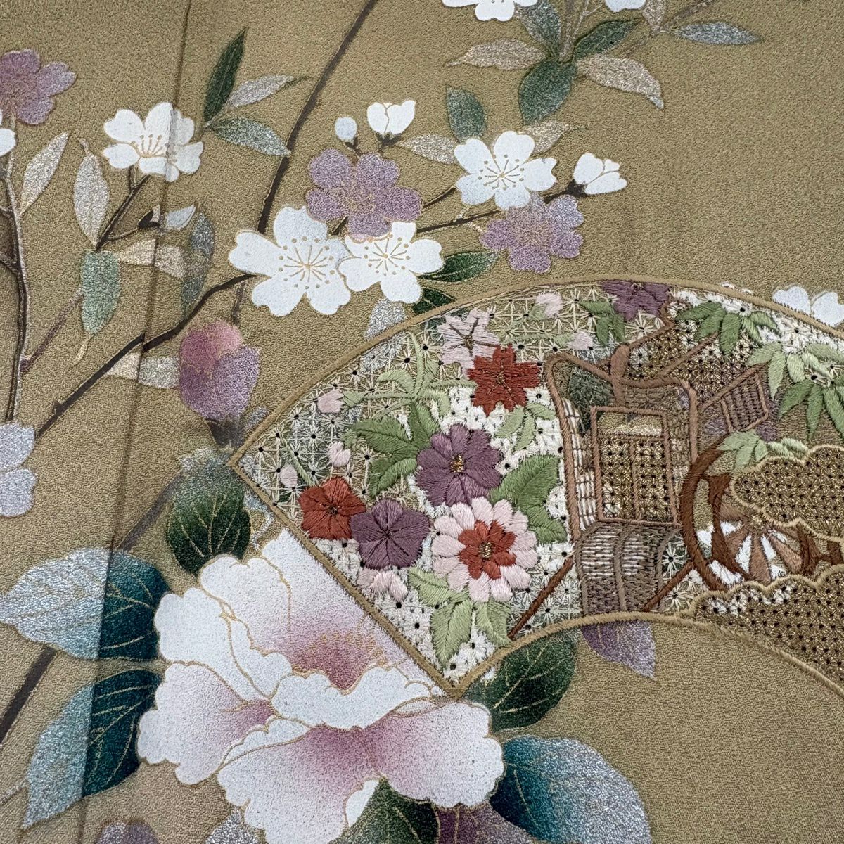 【美品】訪問服 身長157cm 袖長63cm S 雙層 枝花 扇子面 刺繡 金糸 茶綠 純蠶絲 秀品級