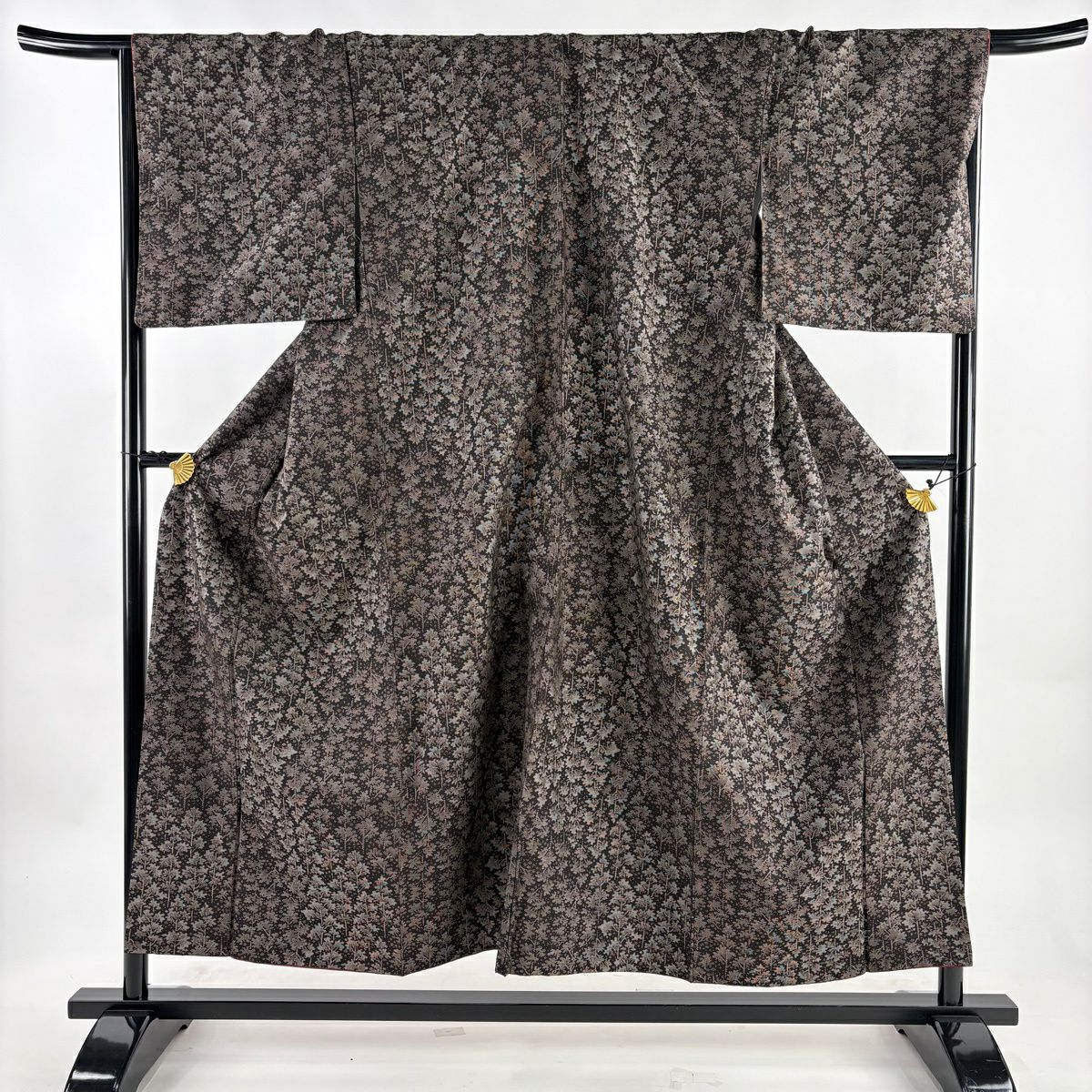 【美品】 大島紬織 身長154cm 袖長68.5cm L 雙層 純泥染 證書附帶 樹木 焦茶 純蠶絲 優品級