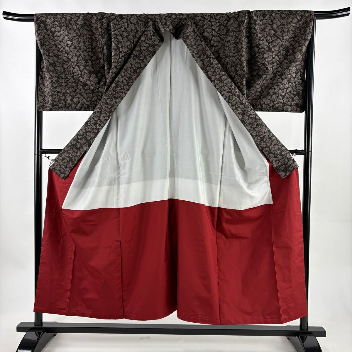 【美品】 大島紬織 身長154cm 袖長68.5cm L 雙層 純泥染 證書附帶 樹木 焦茶 純蠶絲 優品級
