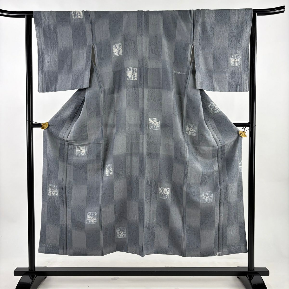 【美品】 小紋 身長151cm 袖長64.5cm M 雙層 地紋 市松樹 絞染 灰 純蠶絲 秀品級