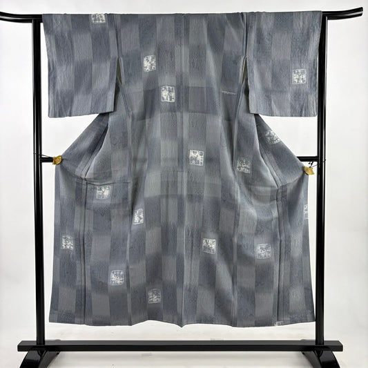 【美品】 小紋 身長151cm 袖長64.5cm M 雙層 地紋 市松樹 絞染 灰 純蠶絲 秀品級