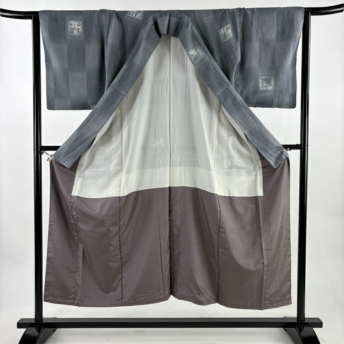 【美品】 小紋 身長151cm 袖長64.5cm M 雙層 地紋 市松樹 絞染 灰 純蠶絲 秀品級