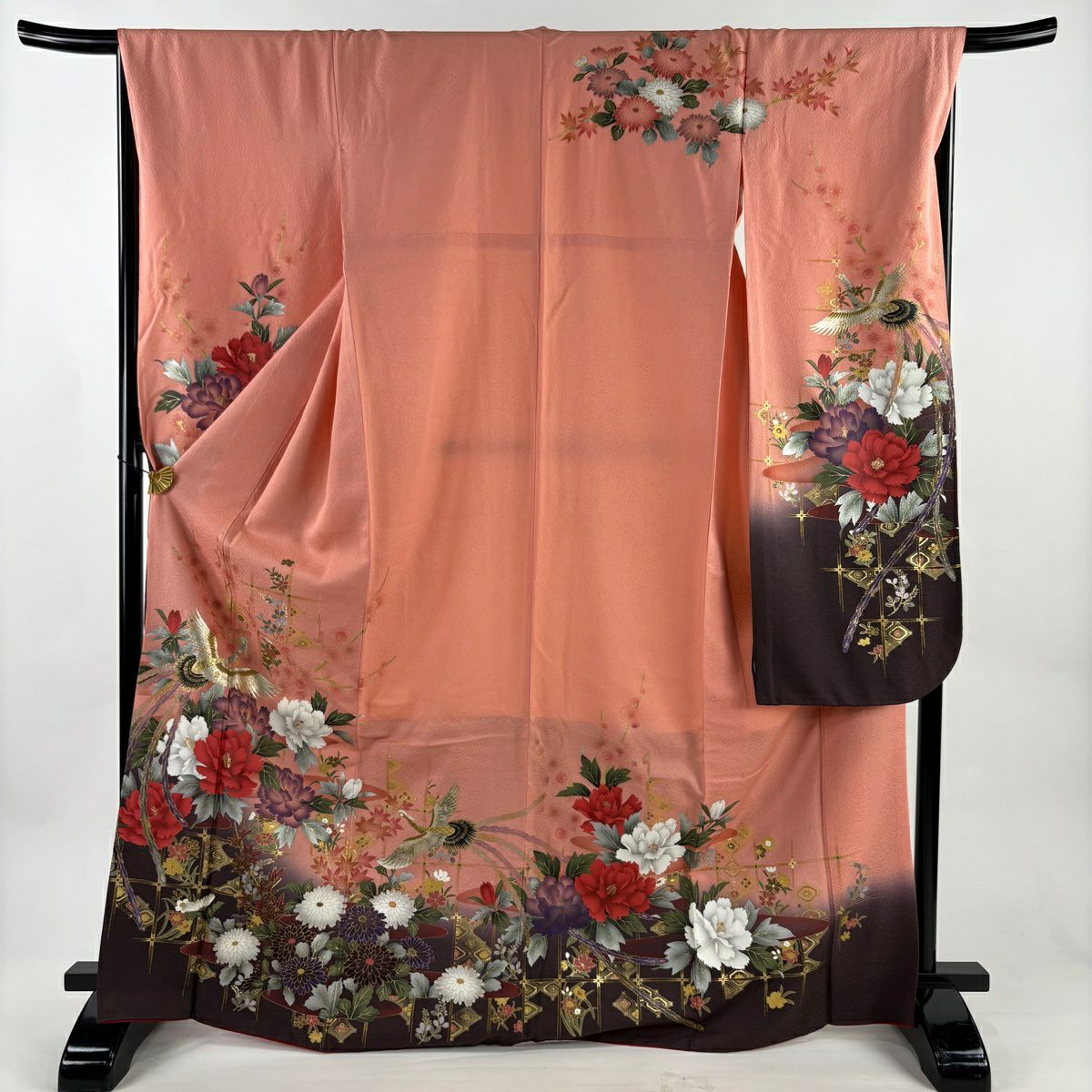 【美品】振袖禮服 身長170cm 袖長68cm L 雙層 牡丹 鳳凰 金銀彩 漸層 鮭粉色 純蠶絲 優品級