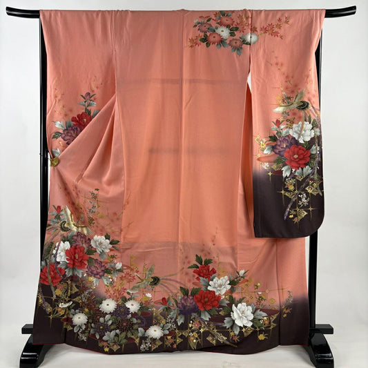 【美品】振袖禮服 身長170cm 袖長68cm L 雙層 牡丹 鳳凰 金銀彩 漸層 鮭粉色 純蠶絲 優品級