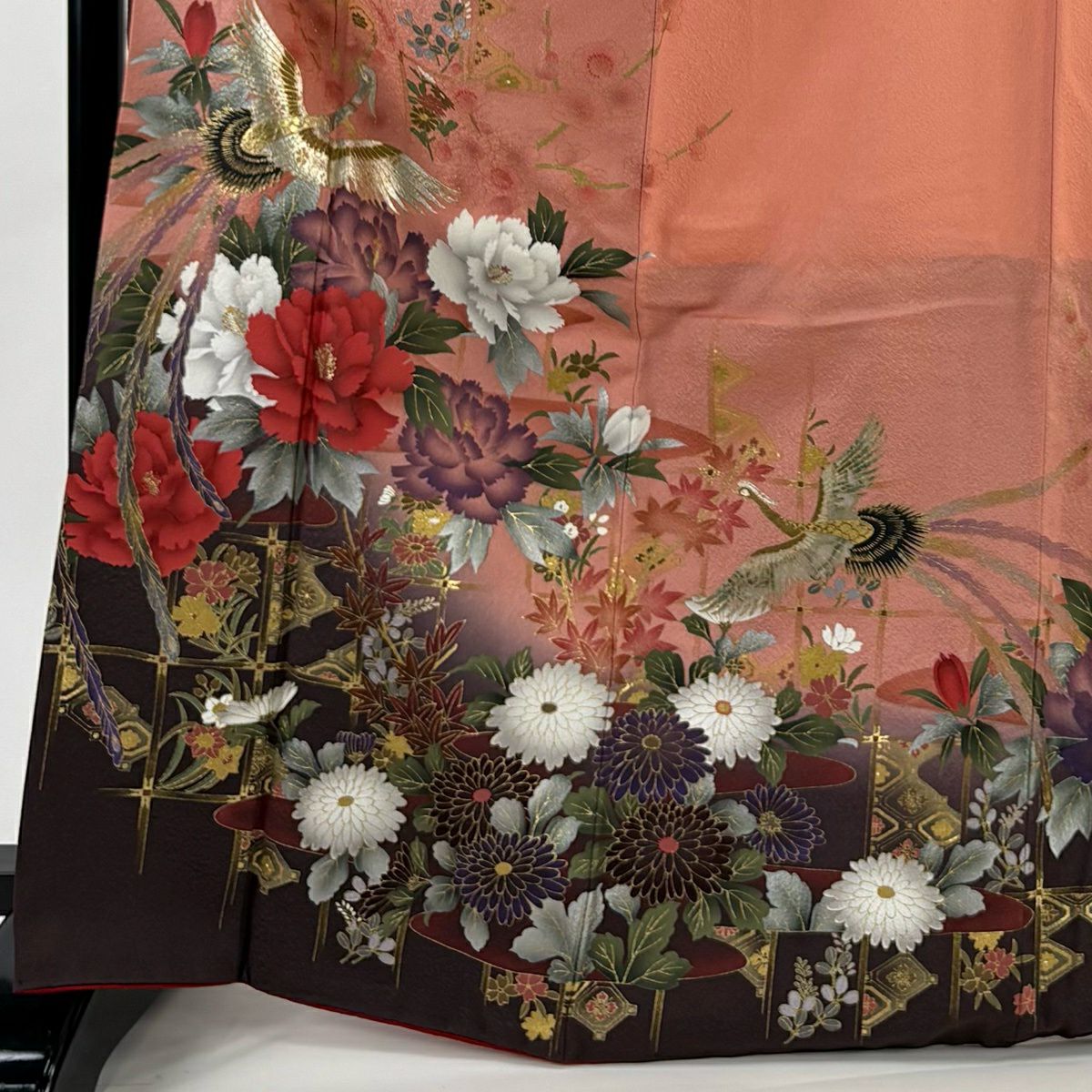 【美品】振袖禮服 身長170cm 袖長68cm L 雙層 牡丹 鳳凰 金銀彩 漸層 鮭粉色 純蠶絲 優品級