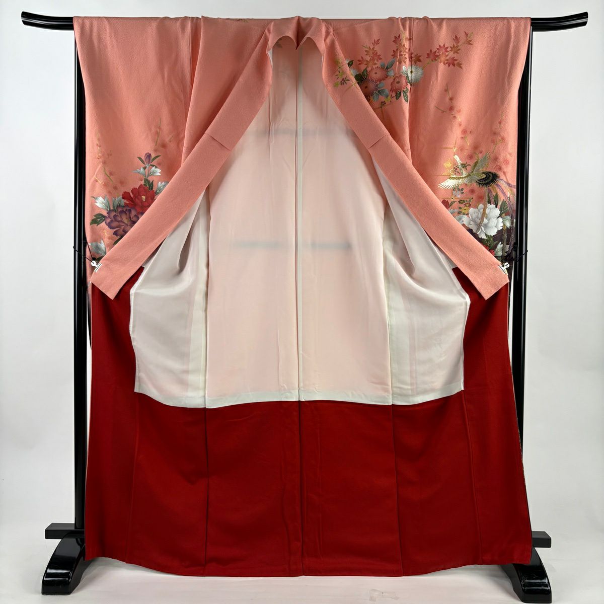 【美品】振袖禮服 身長170cm 袖長68cm L 雙層 牡丹 鳳凰 金銀彩 漸層 鮭粉色 純蠶絲 優品級
