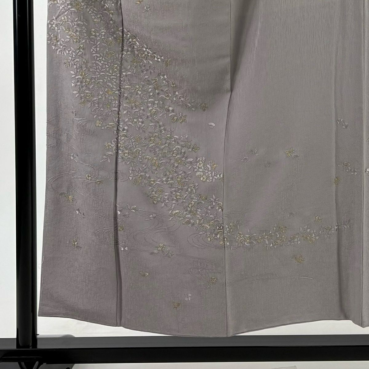 訪問服 身長155cm 袖長62cm S 雙層 草花紋紋 流水刺繡 金糸 灰紫 純蠶絲 秀品級