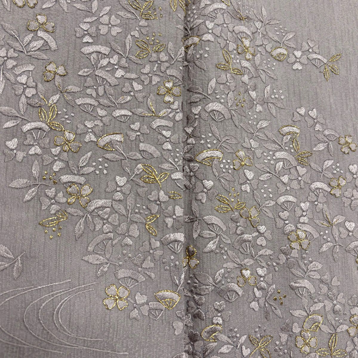 訪問服 身長155cm 袖長62cm S 雙層 草花紋紋 流水刺繡 金糸 灰紫 純蠶絲 秀品級