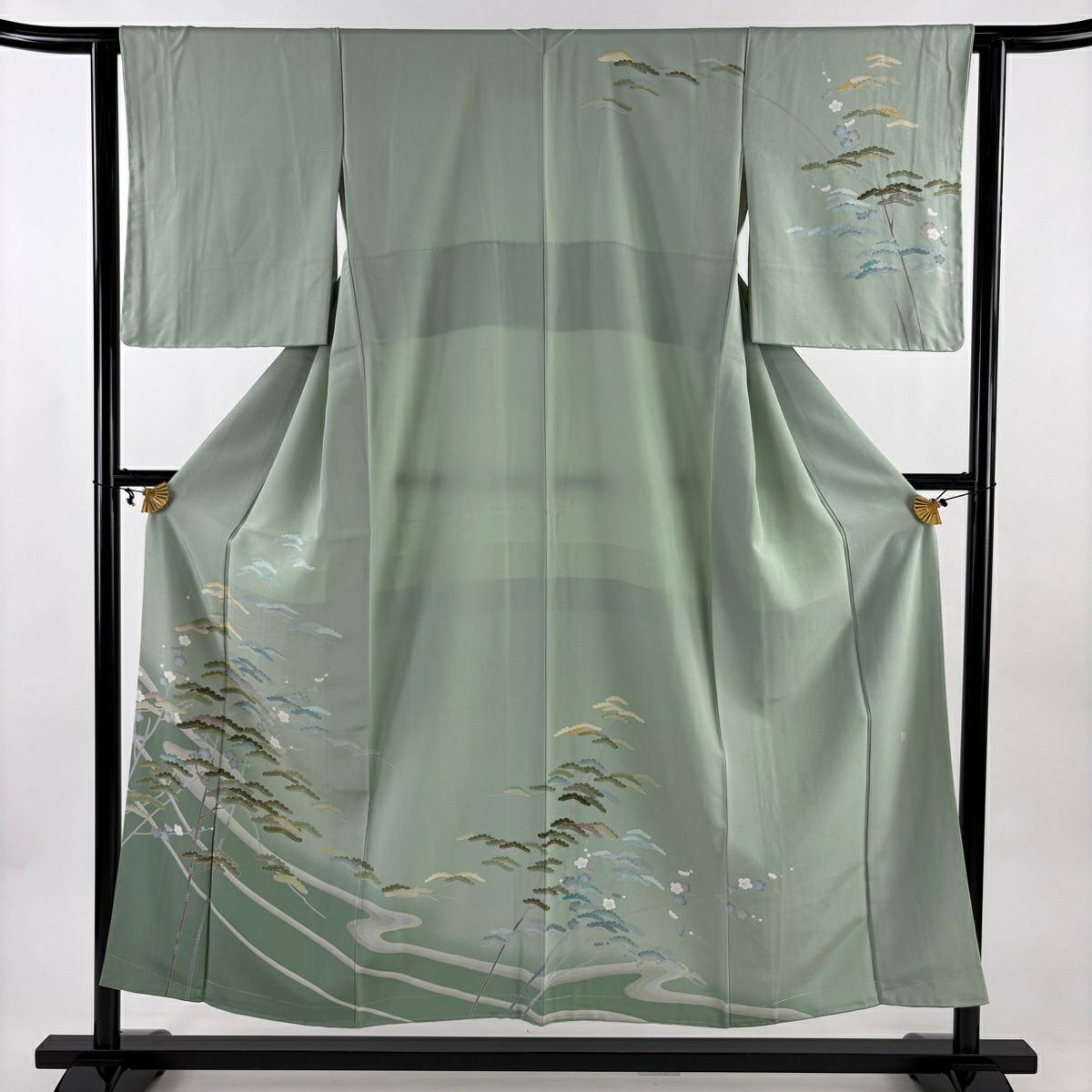 【美品】訪問服 身長154cm 袖長62cm S 雙層 落款あり 松樹梅花 流水 漸層 薄綠 純蠶絲 秀品級