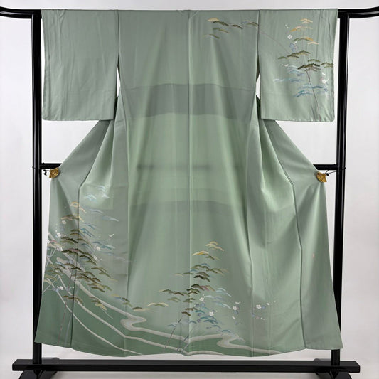 【美品】訪問服 身長154cm 袖長62cm S 雙層 落款あり 松樹梅花 流水 漸層 薄綠 純蠶絲 秀品級