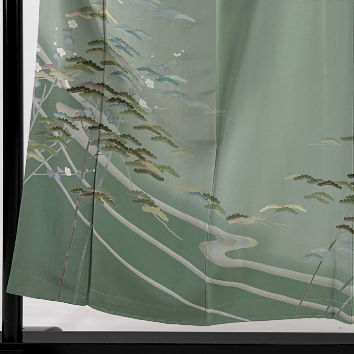 【美品】訪問服 身長154cm 袖長62cm S 雙層 落款あり 松樹梅花 流水 漸層 薄綠 純蠶絲 秀品級
