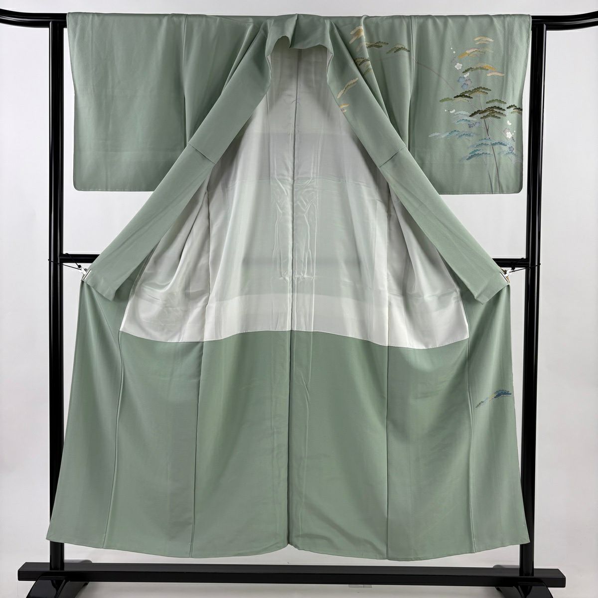 【美品】訪問服 身長154cm 袖長62cm S 雙層 落款あり 松樹梅花 流水 漸層 薄綠 純蠶絲 秀品級