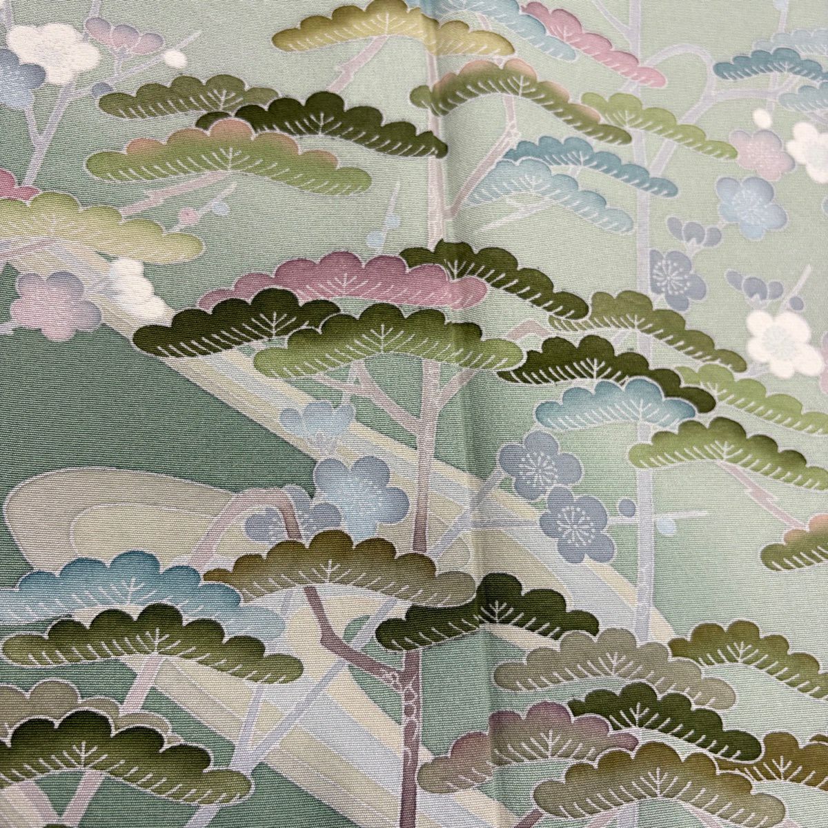 【美品】訪問服 身長154cm 袖長62cm S 雙層 落款あり 松樹梅花 流水 漸層 薄綠 純蠶絲 秀品級