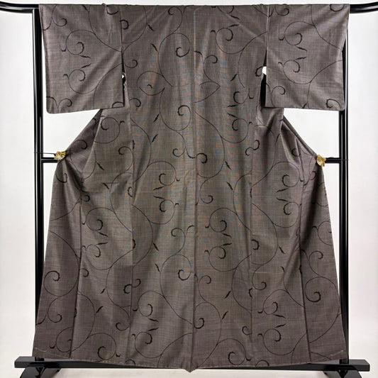 【美品】 紬織 身長159cm 袖長65cm M 雙層 唐草紋 焦茶 純蠶絲 秀品級
