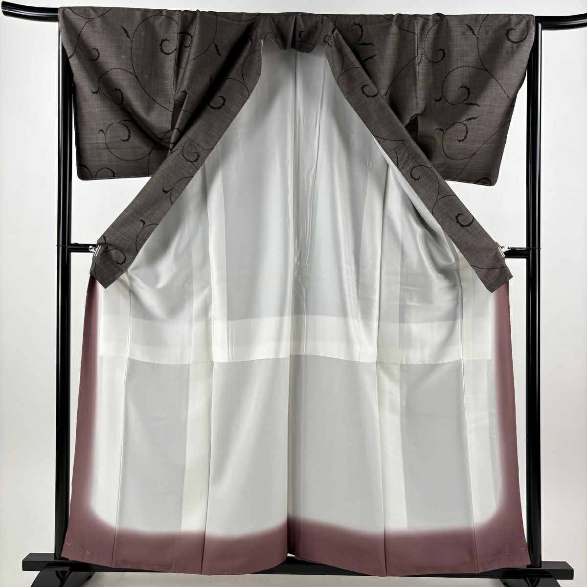 【美品】 紬織 身長159cm 袖長65cm M 雙層 唐草紋 焦茶 純蠶絲 秀品級
