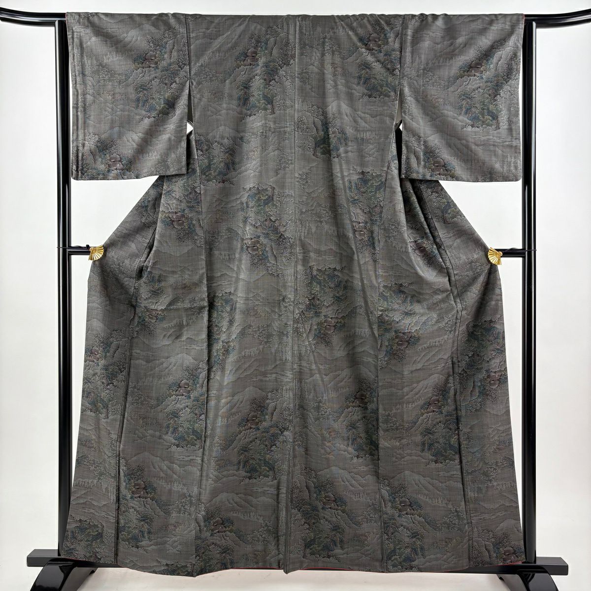 紬織 身長160cm 袖長64cm M 雙層 樹木 風景 墨 黑 純蠶絲 秀品級