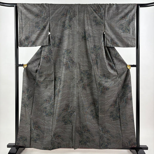 紬織 身長160cm 袖長64cm M 雙層 樹木 風景 墨 黑 純蠶絲 秀品級