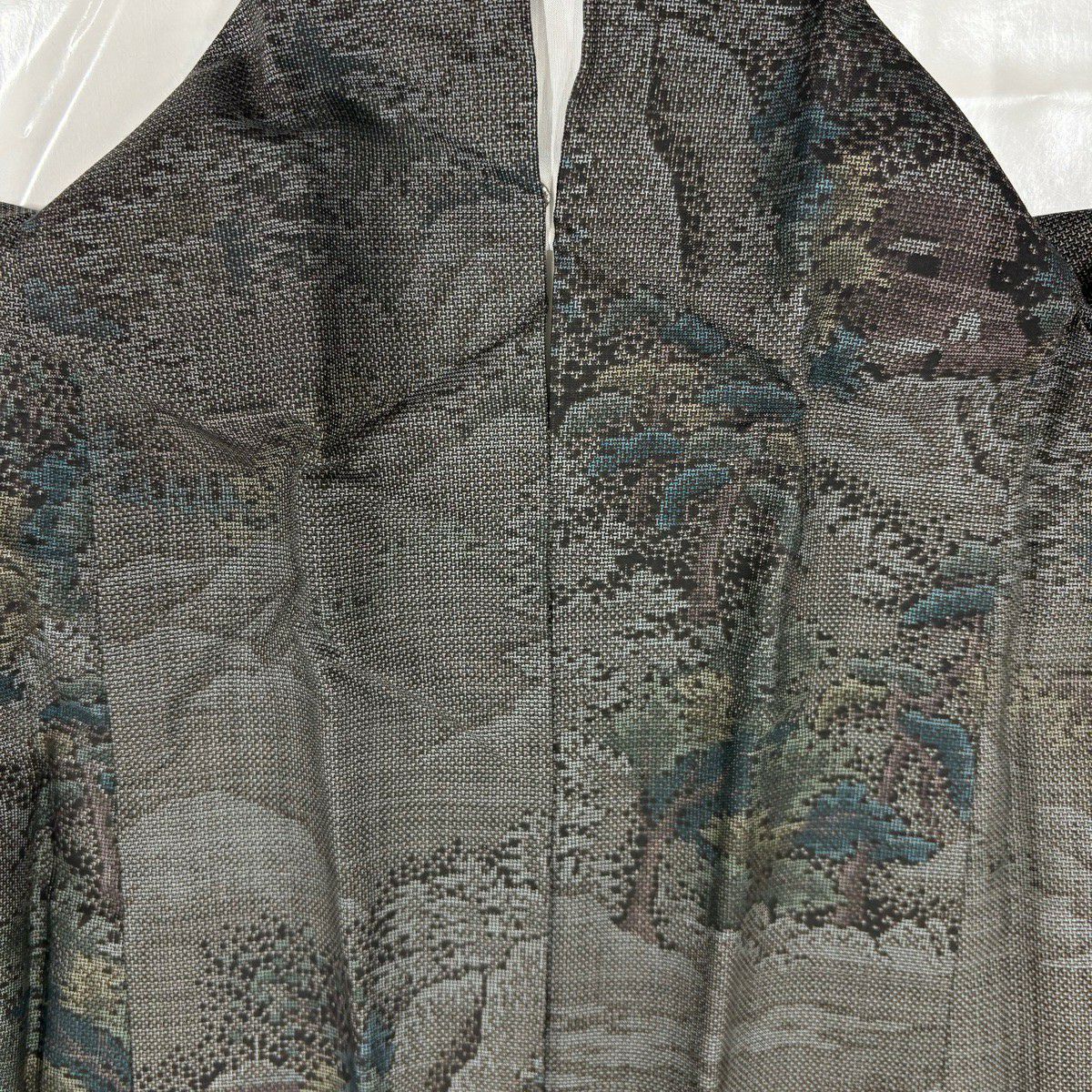 紬織 身長160cm 袖長64cm M 雙層 樹木 風景 墨 黑 純蠶絲 秀品級