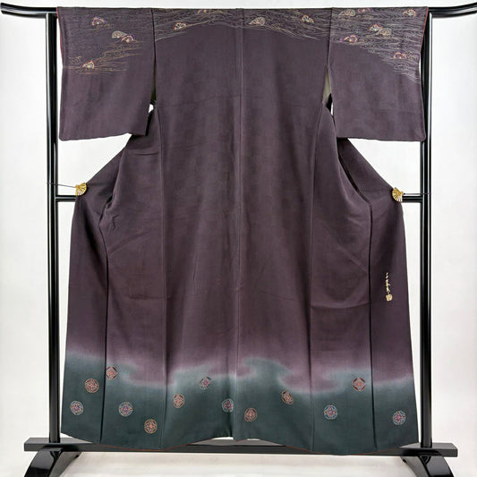 訪問服 身長157cm 袖長64.5cm M 雙層 千地泰弘 落款 華紋 片輪車 金銀彩 漸變 深紫 純蠶絲 優品級