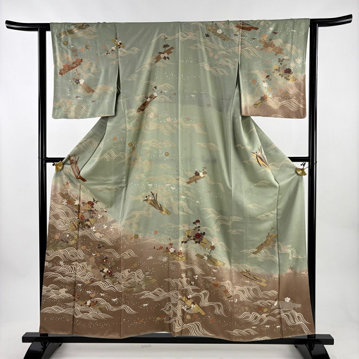 訪問服 身長158cm 袖長62cm S 雙層 花筏 波 金絲 金銀彩 淺綠 純蠶絲 優品級