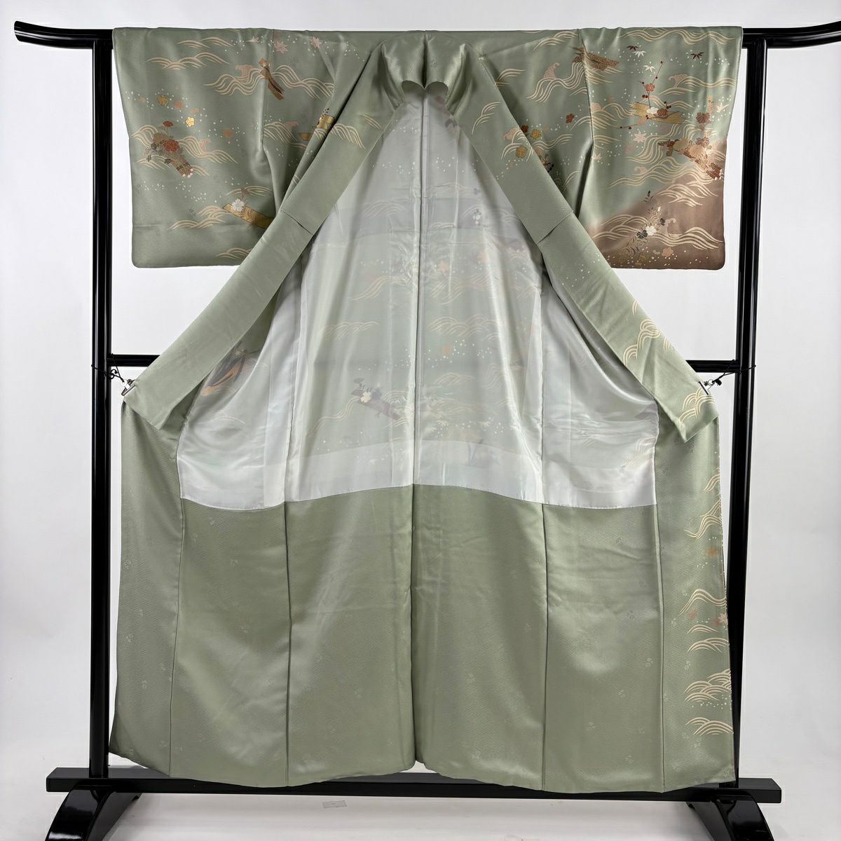 訪問服 身長158cm 袖長62cm S 雙層 花筏 波 金絲 金銀彩 淺綠 純蠶絲 優品級