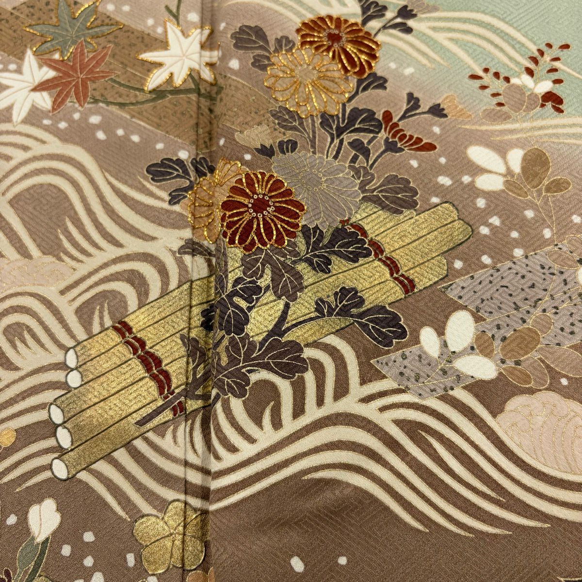 訪問服 身長158cm 袖長62cm S 雙層 花筏 波 金絲 金銀彩 淺綠 純蠶絲 優品級