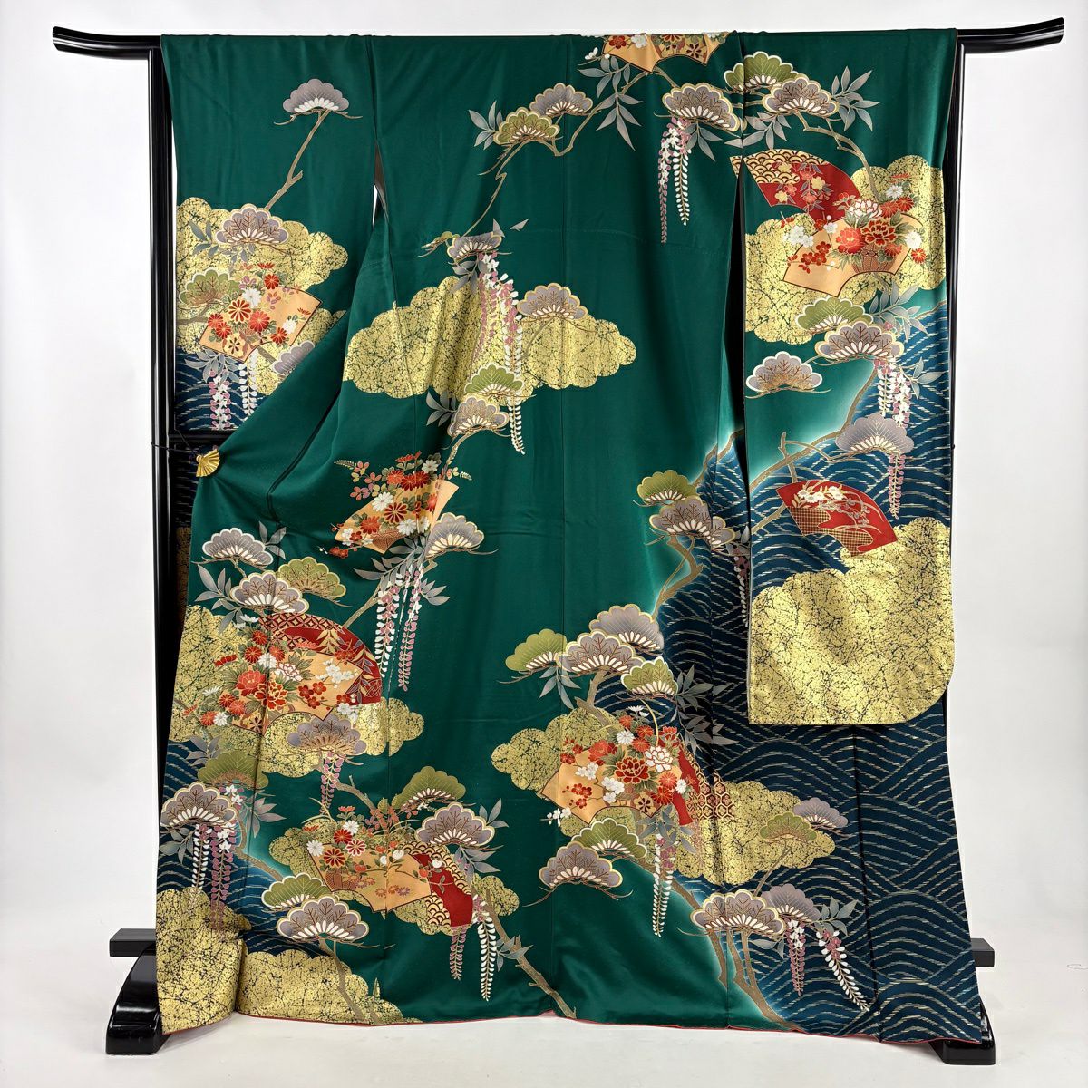 【美品】振袖禮服 身長172.5cm 袖長67.5cm L 雙層 扇子面 花車 金絲 金銀彩 綠 純蠶絲 秀品級
