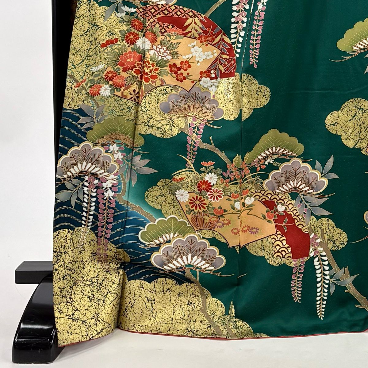 【美品】振袖禮服 身長172.5cm 袖長67.5cm L 雙層 扇子面 花車 金絲 金銀彩 綠 純蠶絲 秀品級