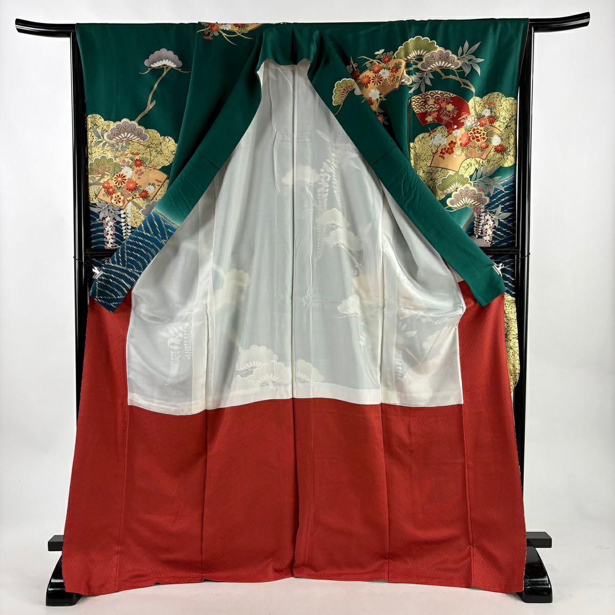 【美品】振袖禮服 身長172.5cm 袖長67.5cm L 雙層 扇子面 花車 金絲 金銀彩 綠 純蠶絲 秀品級
