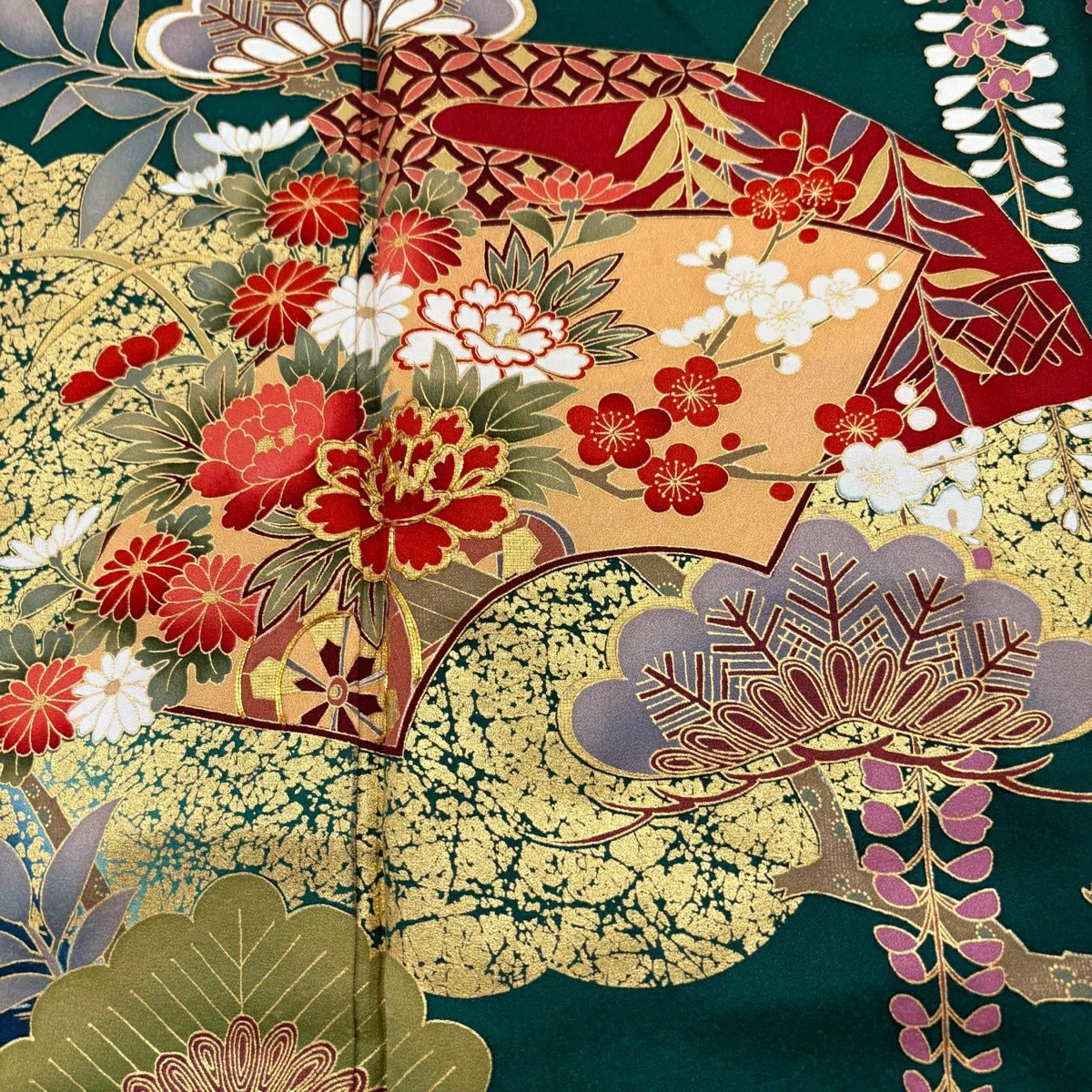 【美品】振袖禮服 身長172.5cm 袖長67.5cm L 雙層 扇子面 花車 金絲 金銀彩 綠 純蠶絲 秀品級