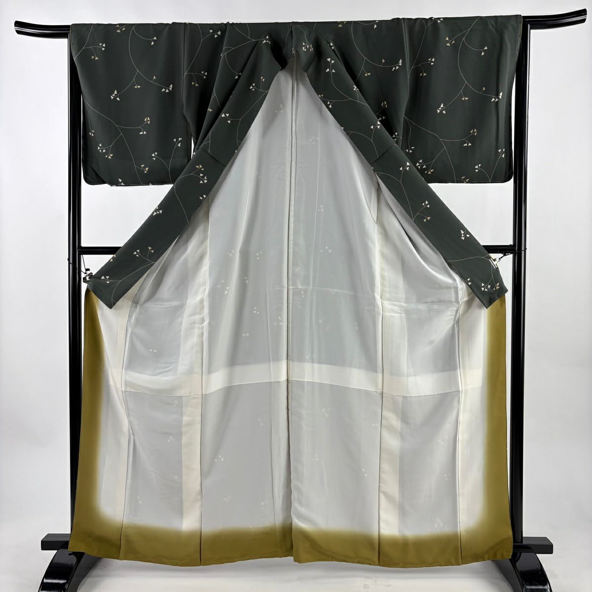 小紋 身長164.5cm 袖長67.5cm L 雙層 草花紋紋 金彩裝飾 深綠 純蠶絲 秀品級