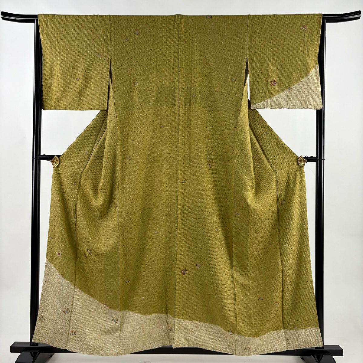 付下 身長157cm 袖長66.5cm M 雙層 菊花 地紋 絞染 刺繡 芥末色 純蠶絲 優品級