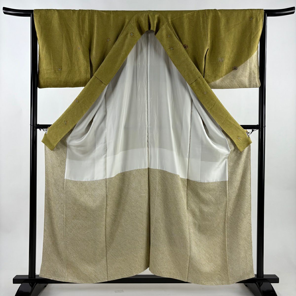 付下 身長157cm 袖長66.5cm M 雙層 菊花 地紋 絞染 刺繡 芥末色 純蠶絲 優品級