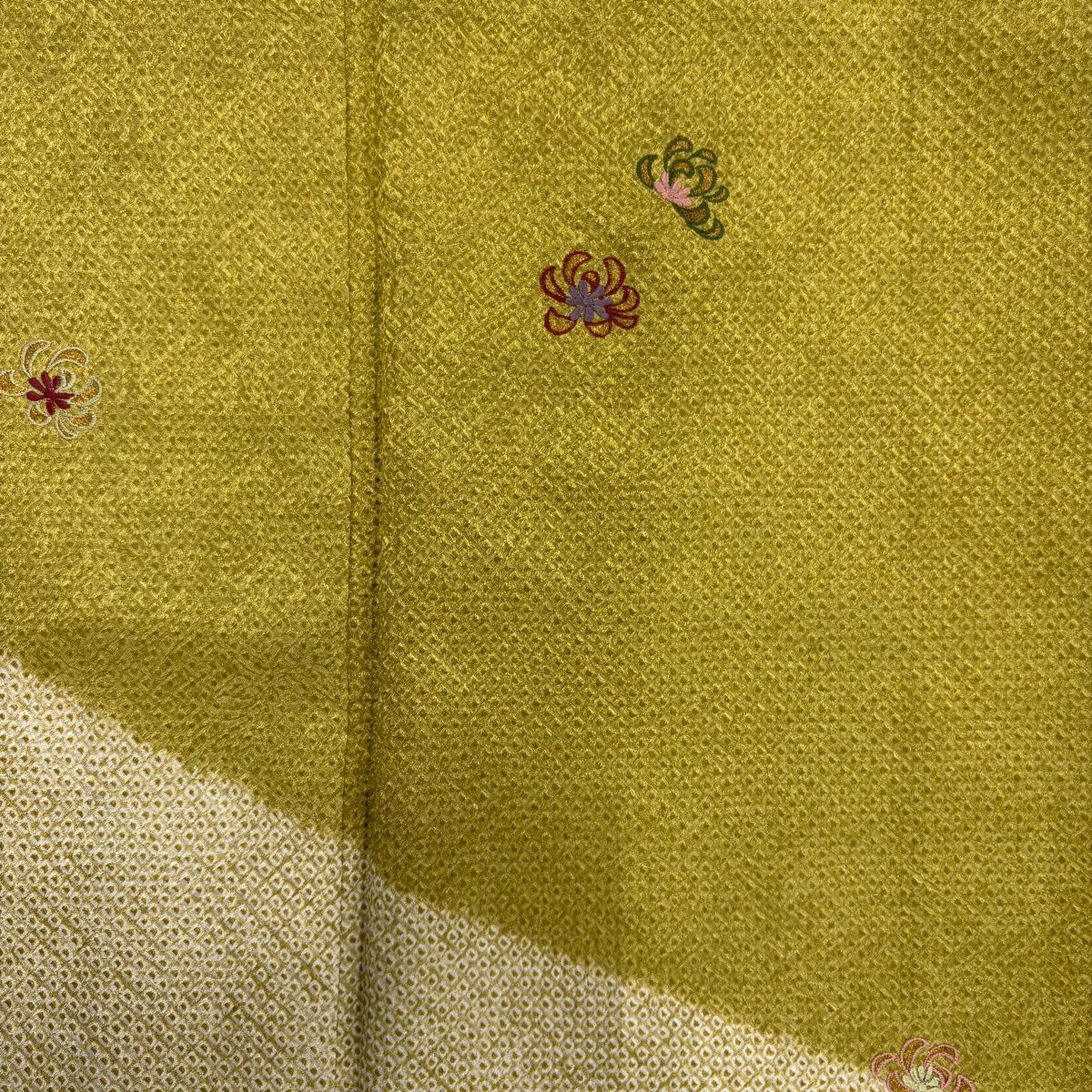 付下 身長157cm 袖長66.5cm M 雙層 菊花 地紋 絞染 刺繡 芥末色 純蠶絲 優品級