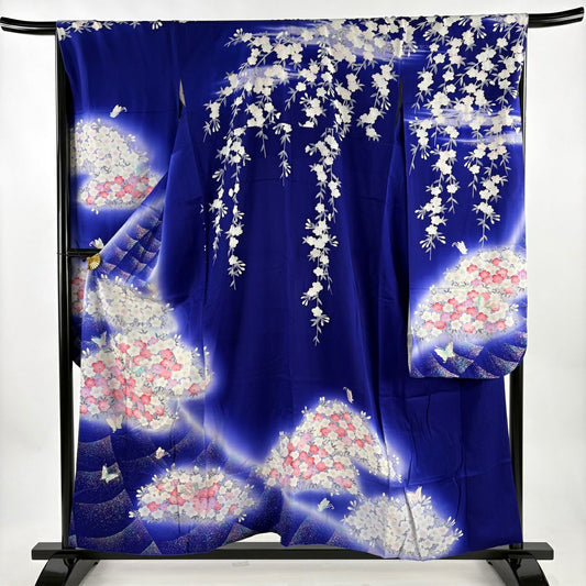 振袖禮服 身長156cm 袖長68.5cm L 雙層 櫻花 蝴蝶 金銀彩 漸層 青紫 純蠶絲 優品級