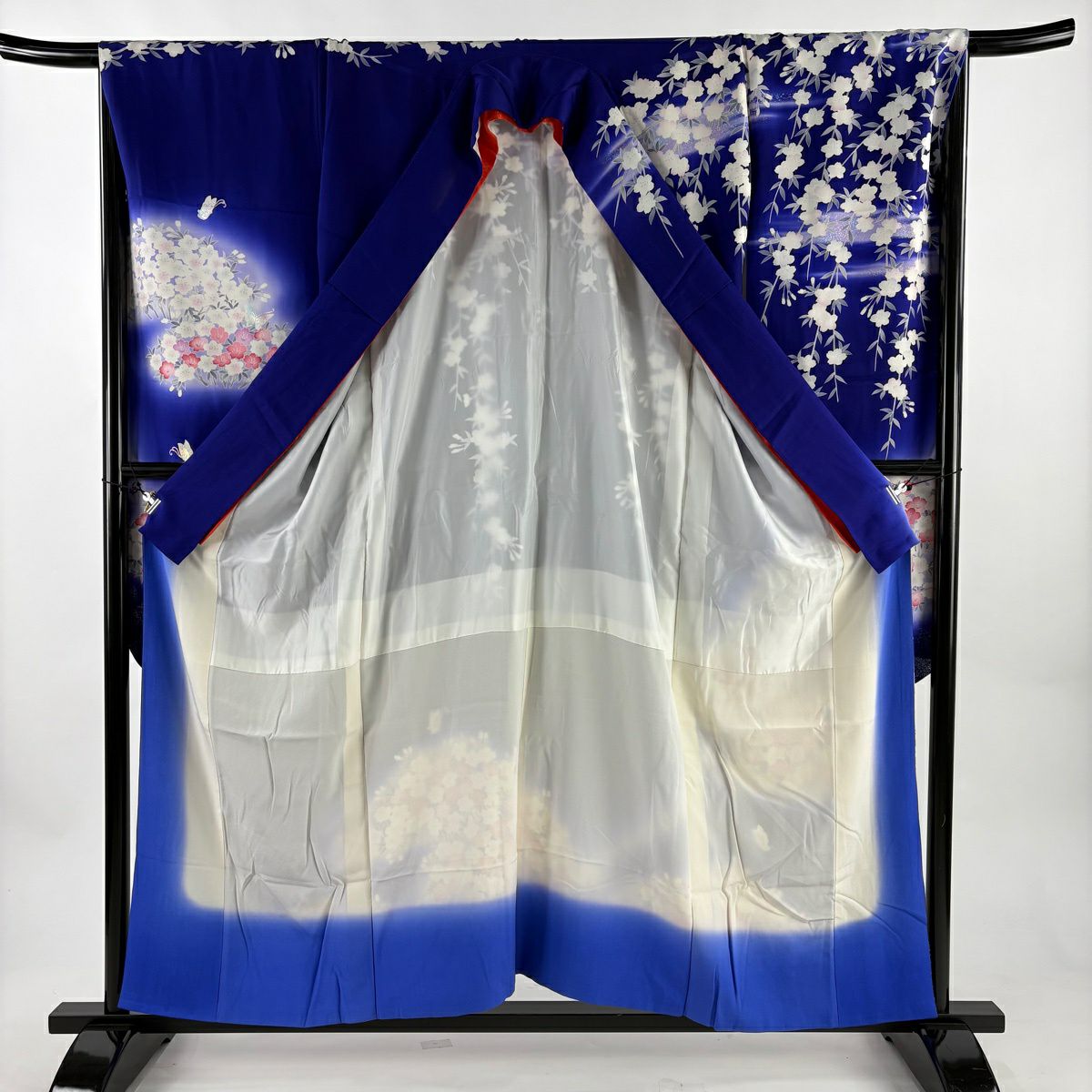 振袖禮服 身長156cm 袖長68.5cm L 雙層 櫻花 蝴蝶 金銀彩 漸層 青紫 純蠶絲 優品級