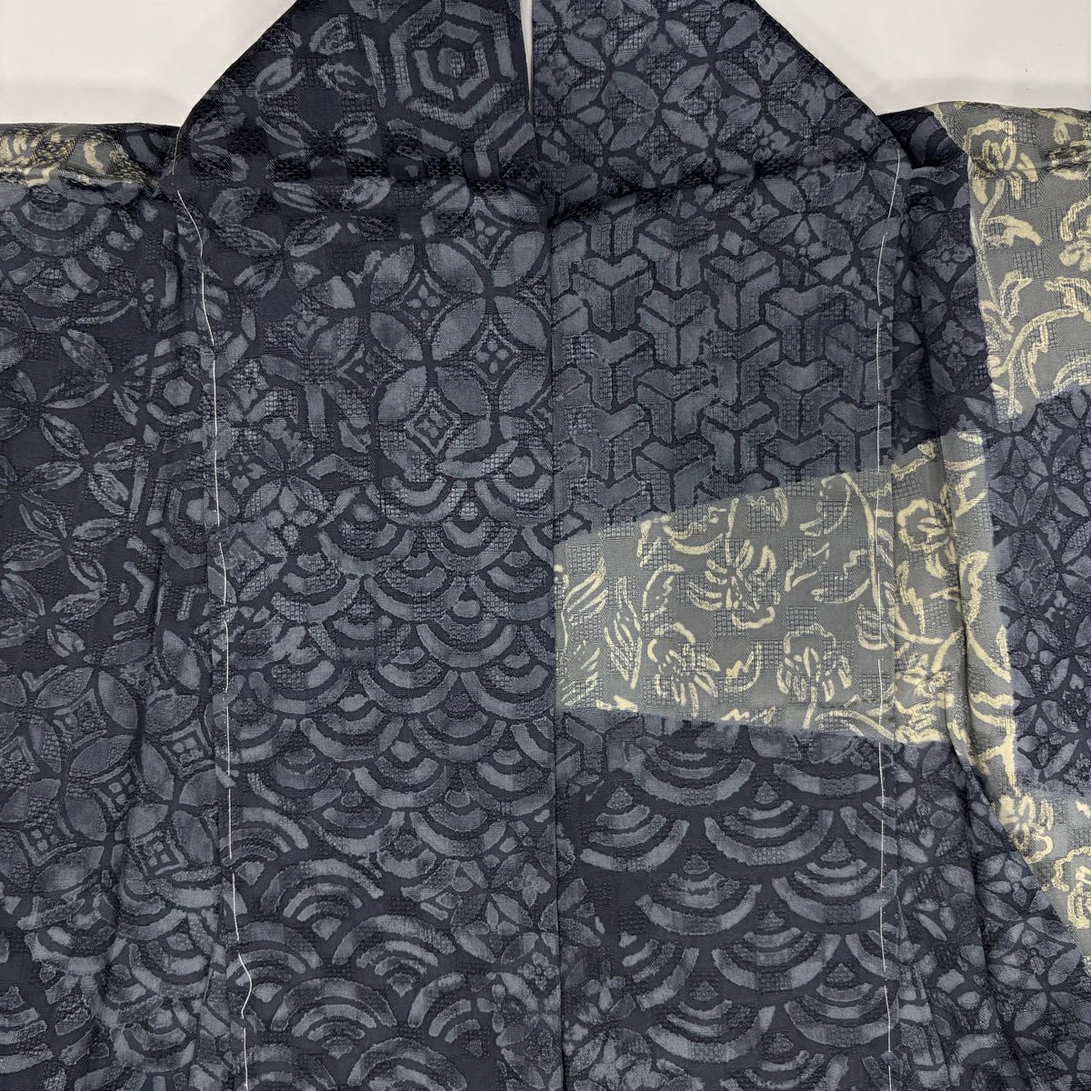 訪問服 身長155cm 袖長69.5cm L 雙層 背抜仕立 花唐草紋 有職紋樣 深藍 純蠶絲 秀品級