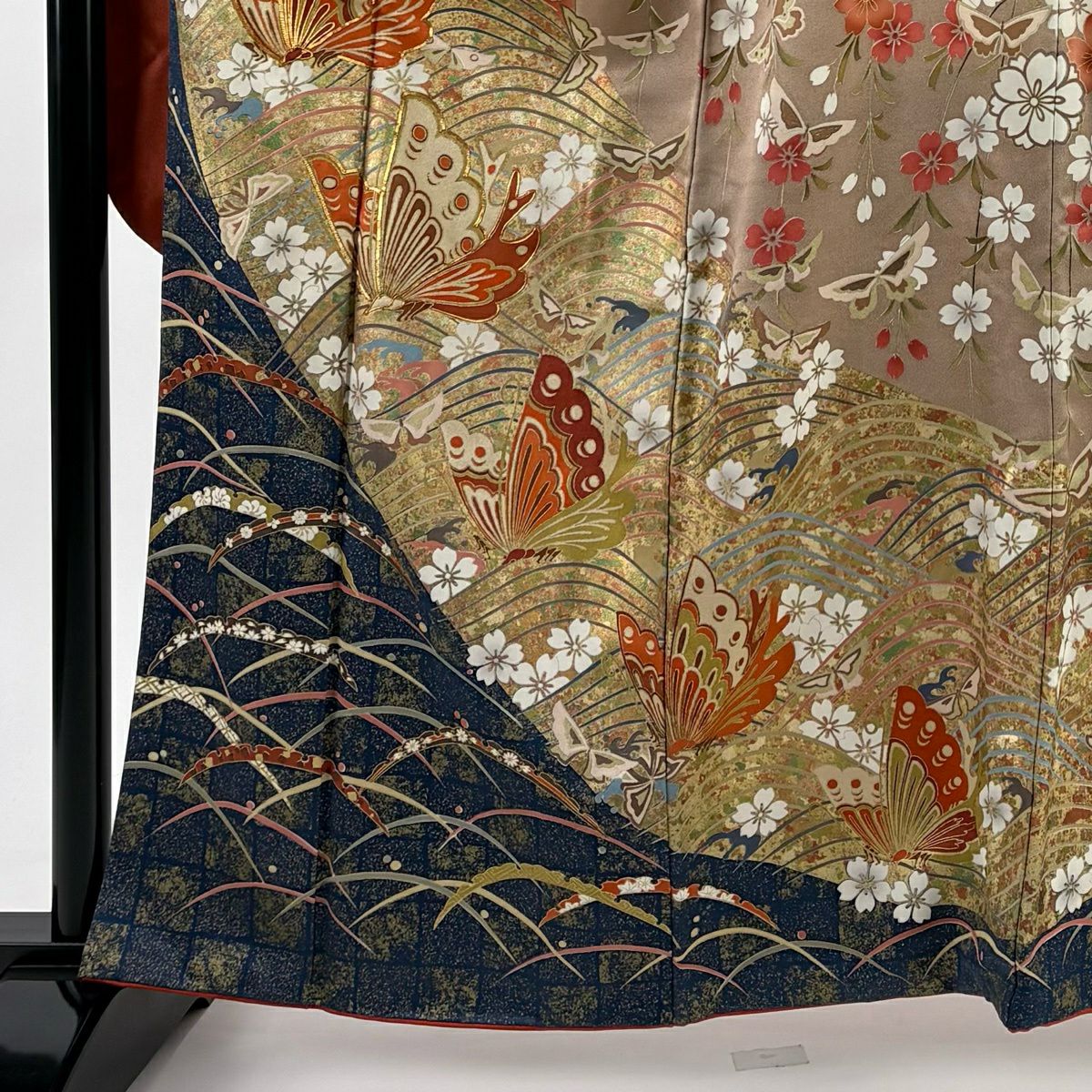 振袖禮服 身長162cm 袖長69cm L 雙層 垂枝櫻 蝴蝶 金絲 金銀彩 朱 純蠶絲 優品級