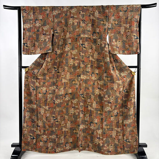 【美品】 小紋 身長166.5cm 袖長66cm M 雙層 二代目 更甚 落款あり 寄せ柄 更紗 茶 純蠶絲 秀品級