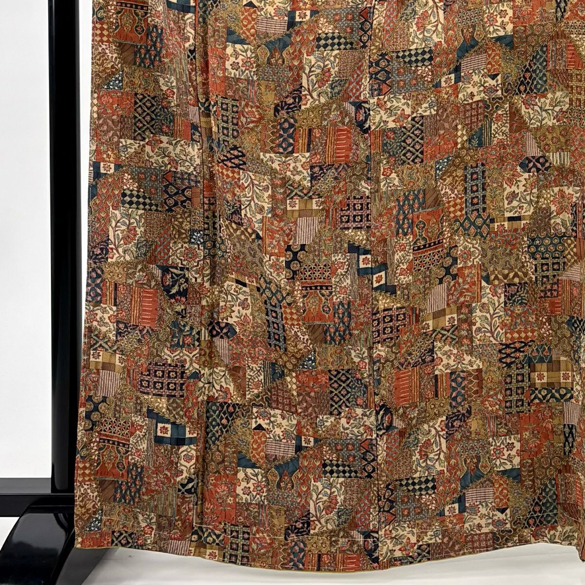 【美品】 小紋 身長166.5cm 袖長66cm M 雙層 二代目 更甚 落款あり 寄せ柄 更紗 茶 純蠶絲 秀品級
