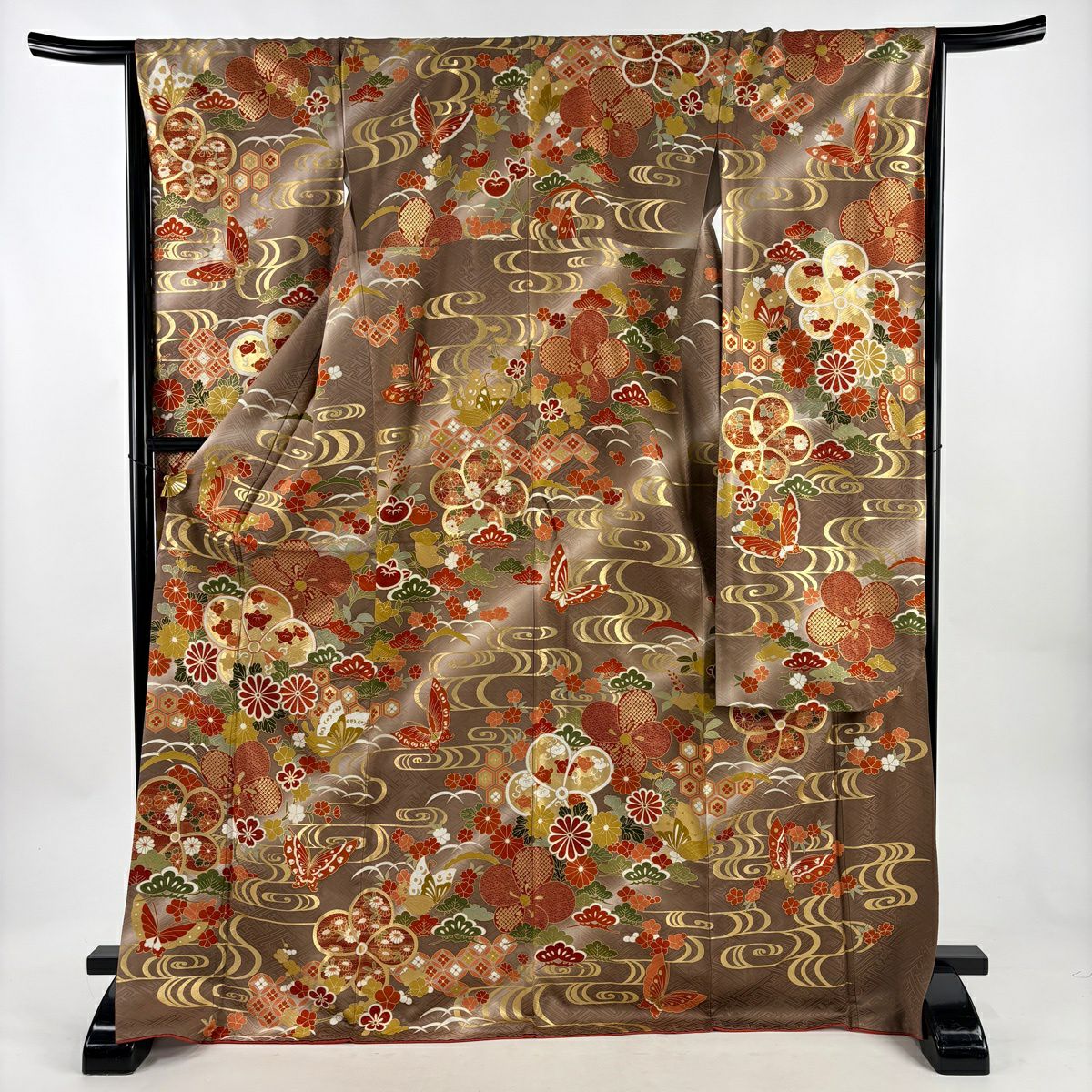 【美品】振袖禮服 身長173cm 袖長67cm M 雙層 梅花 蝶 金絲 金銀彩 灰茶 純蠶絲 秀品級