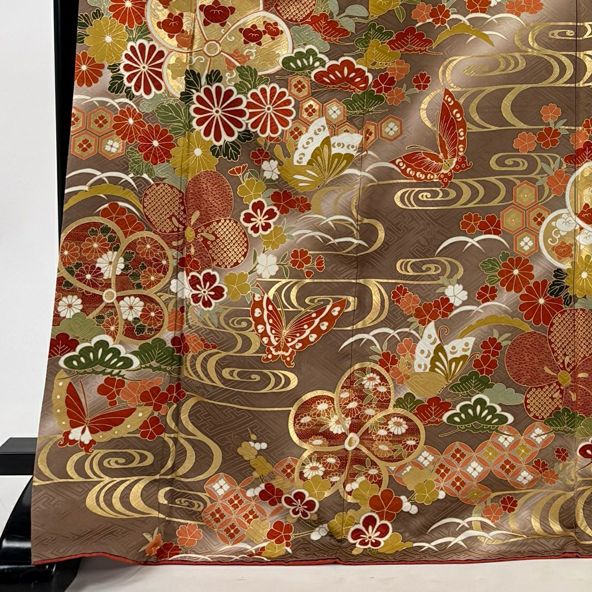 【美品】振袖禮服 身長173cm 袖長67cm M 雙層 梅花 蝶 金絲 金銀彩 灰茶 純蠶絲 秀品級