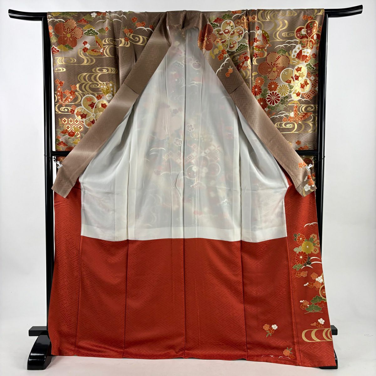 【美品】振袖禮服 身長173cm 袖長67cm M 雙層 梅花 蝶 金絲 金銀彩 灰茶 純蠶絲 秀品級